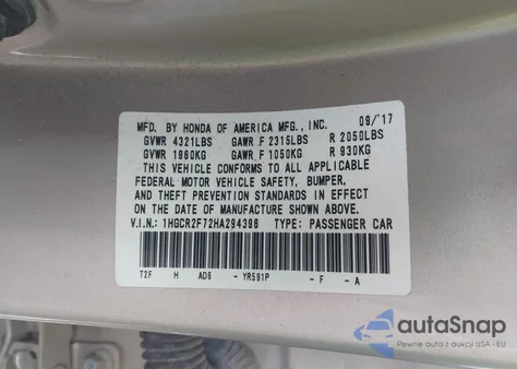2017 Honda Accord Ex from USA, damaged, VIN 1HGCR2F72HA294396